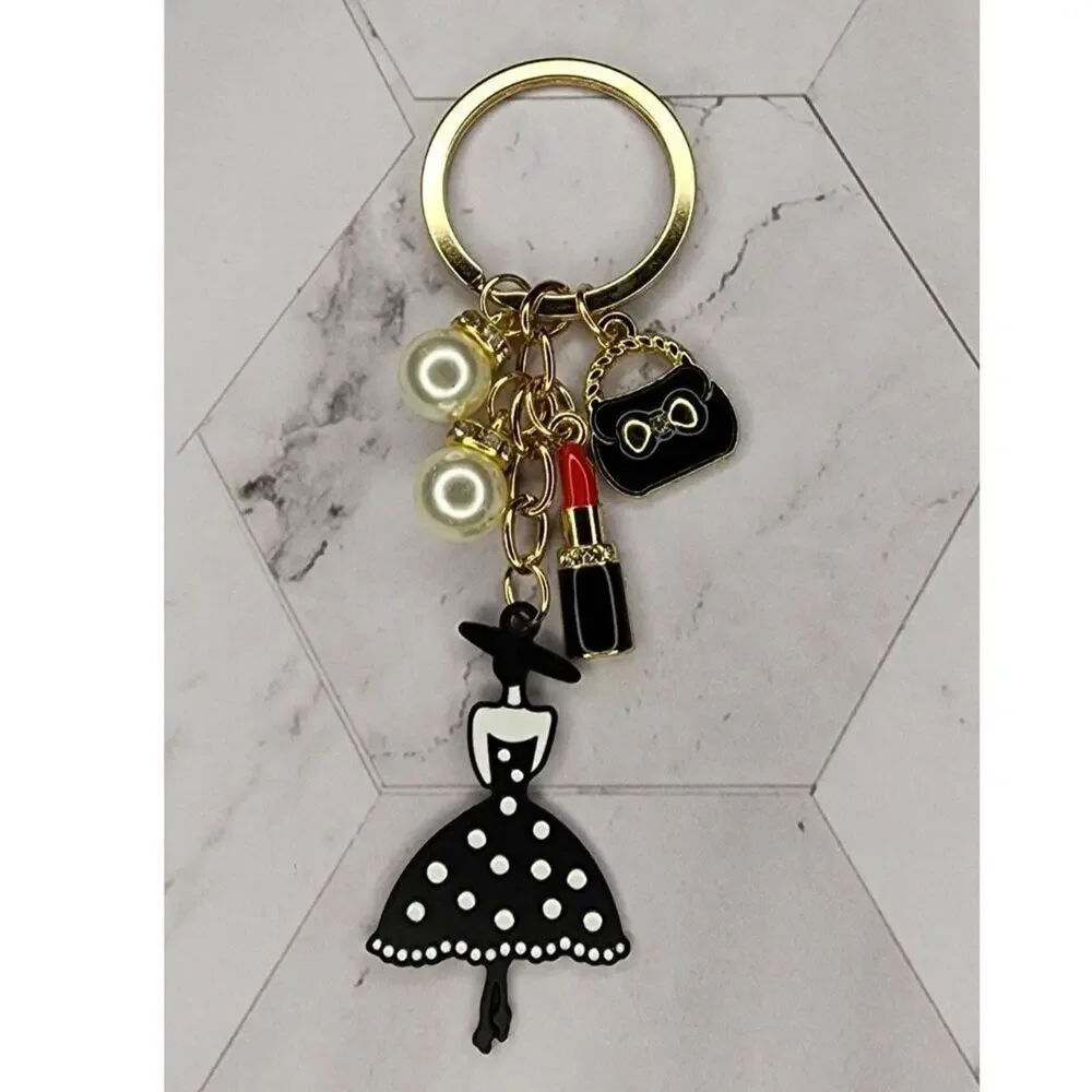 Fashion Lady Bag Charm Keychain Purse Lipstick Faux Pearls Black Enamel
